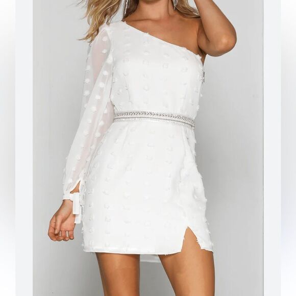 Runaway the Label White Alira One Shoulder Long Sleeve mini Dress | S - Picture 1 of 8